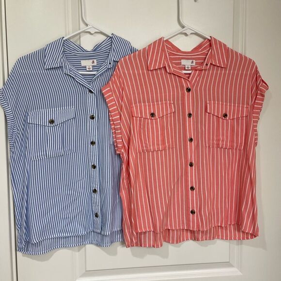 (2) Ladies vertical stripe button down shirt size SM - Picture 1 of 5